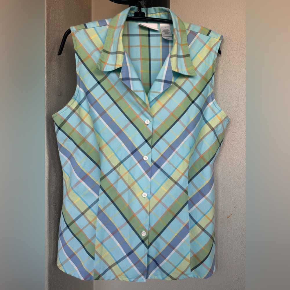 Liz Claiborne Sleeveless Blouse Blue/Green Plaid Button Up Collar Cotton 12